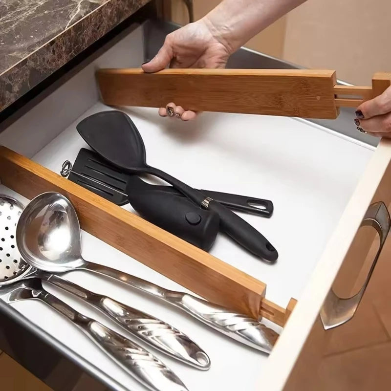 2Pcs Bamboo Drawer Dividers Organizers Adjustable Expandable Loaded Drawer Separators for Kitchen Bedroom Dresser Organizer